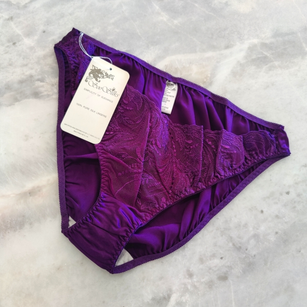 COPY - NWT Silk Panties with V-Cut Floral Lace | Vintage Satin Briefs- Purple